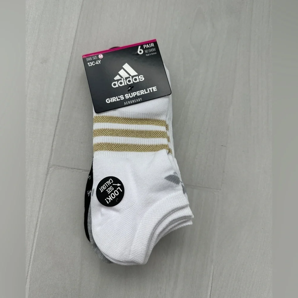 NWT Adidas Girl's Superlite Socks 6 Pair No Show Size M White Black Gray RARE